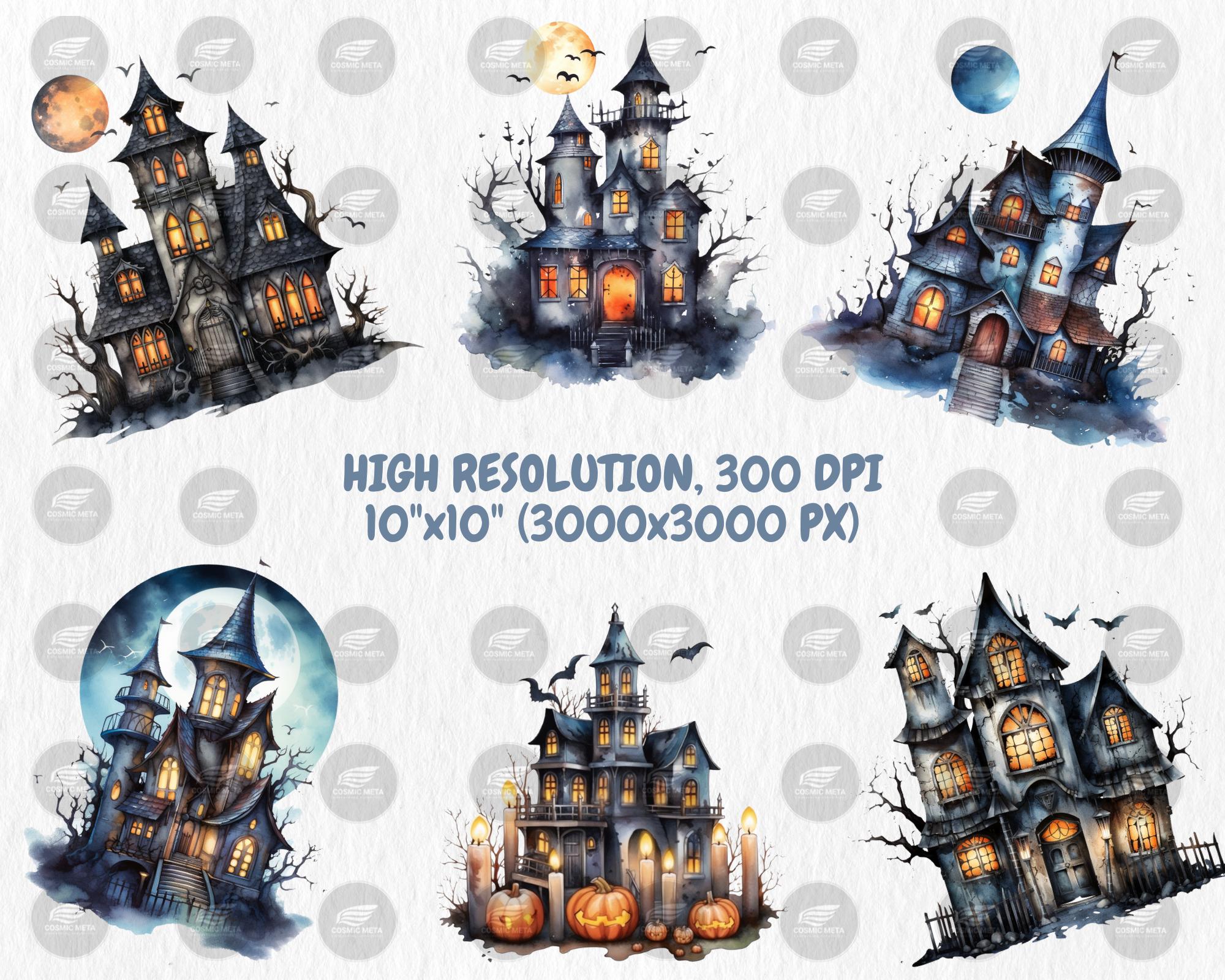 Watercolor Haunted Houses Clipart | Spooky Haunted House, Creepy Trees, Graveyard, Bat Illustrations | Instant Download for Commercial Use