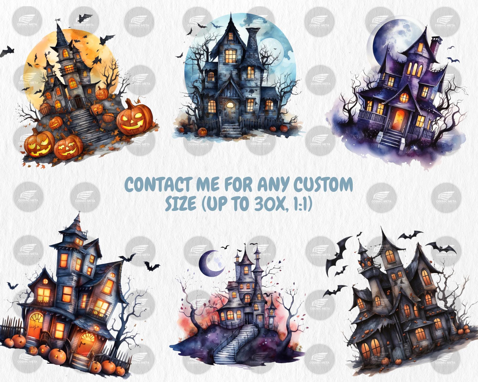 Watercolor Haunted Houses Clipart | Spooky Haunted House, Creepy Trees, Graveyard, Bat Illustrations | Instant Download for Commercial Use