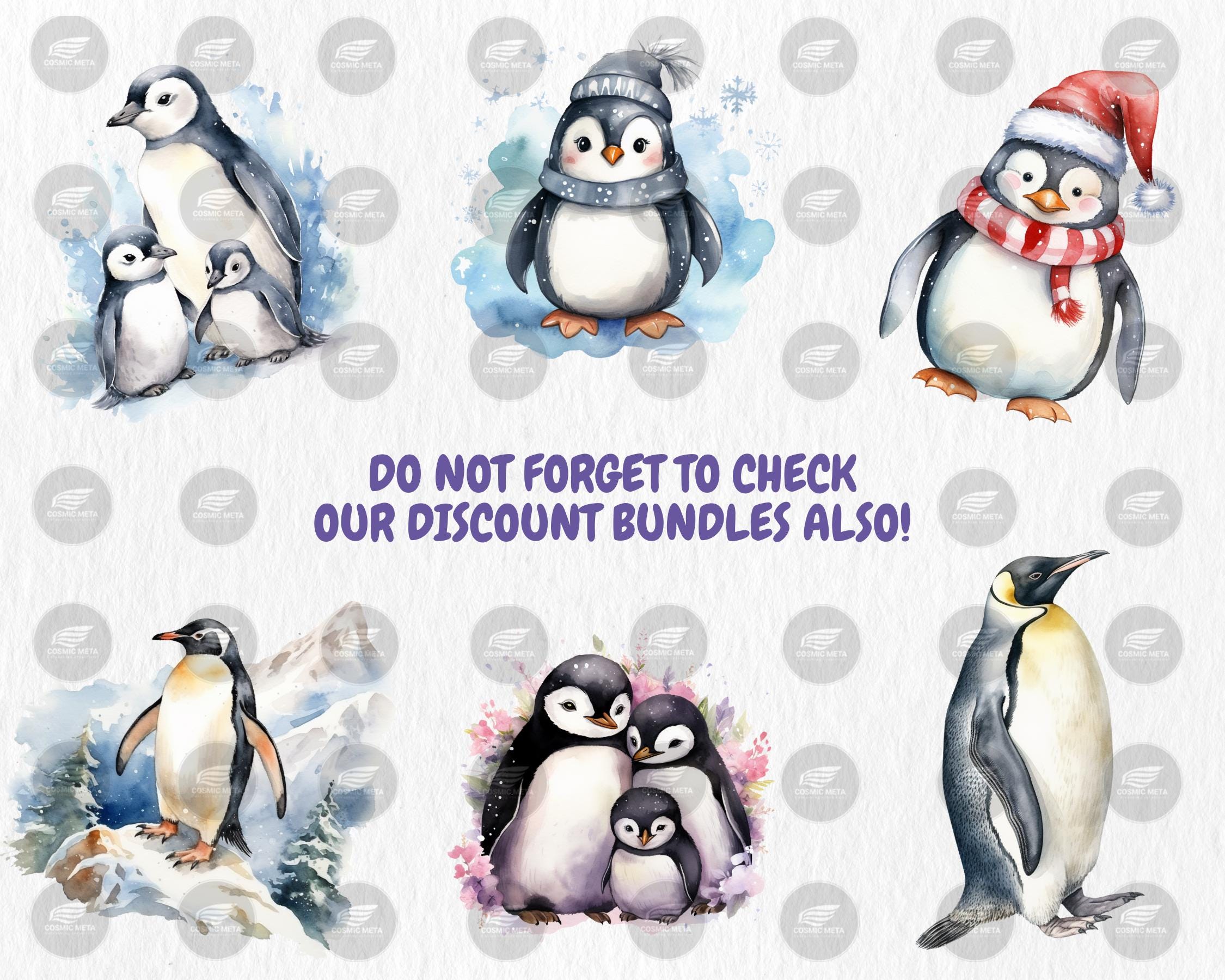 Watercolor Penguins Clipart | Winter Animals, 40 PNG Images, Transparent Background, 300 DPI, Cute Adorable Winter Penguin Illustrations