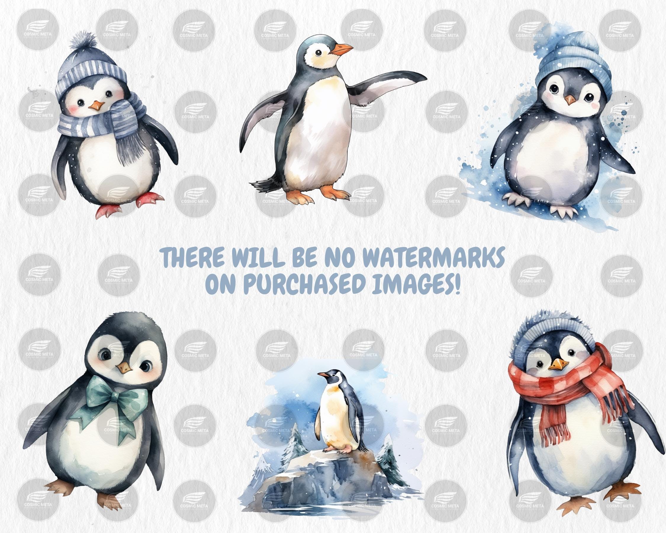 Watercolor Penguins Clipart | Winter Animals, 40 PNG Images, Transparent Background, 300 DPI, Cute Adorable Winter Penguin Illustrations