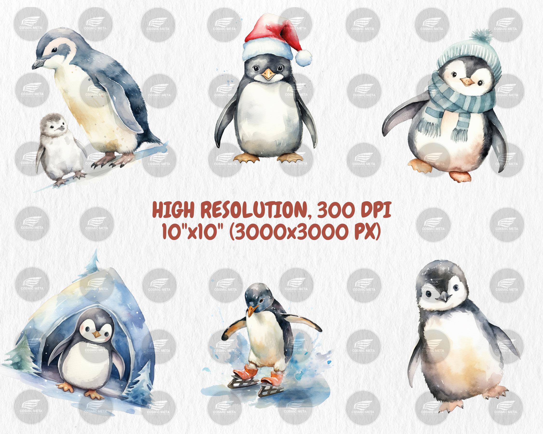 Watercolor Penguins Clipart | Winter Animals, 40 PNG Images, Transparent Background, 300 DPI, Cute Adorable Winter Penguin Illustrations
