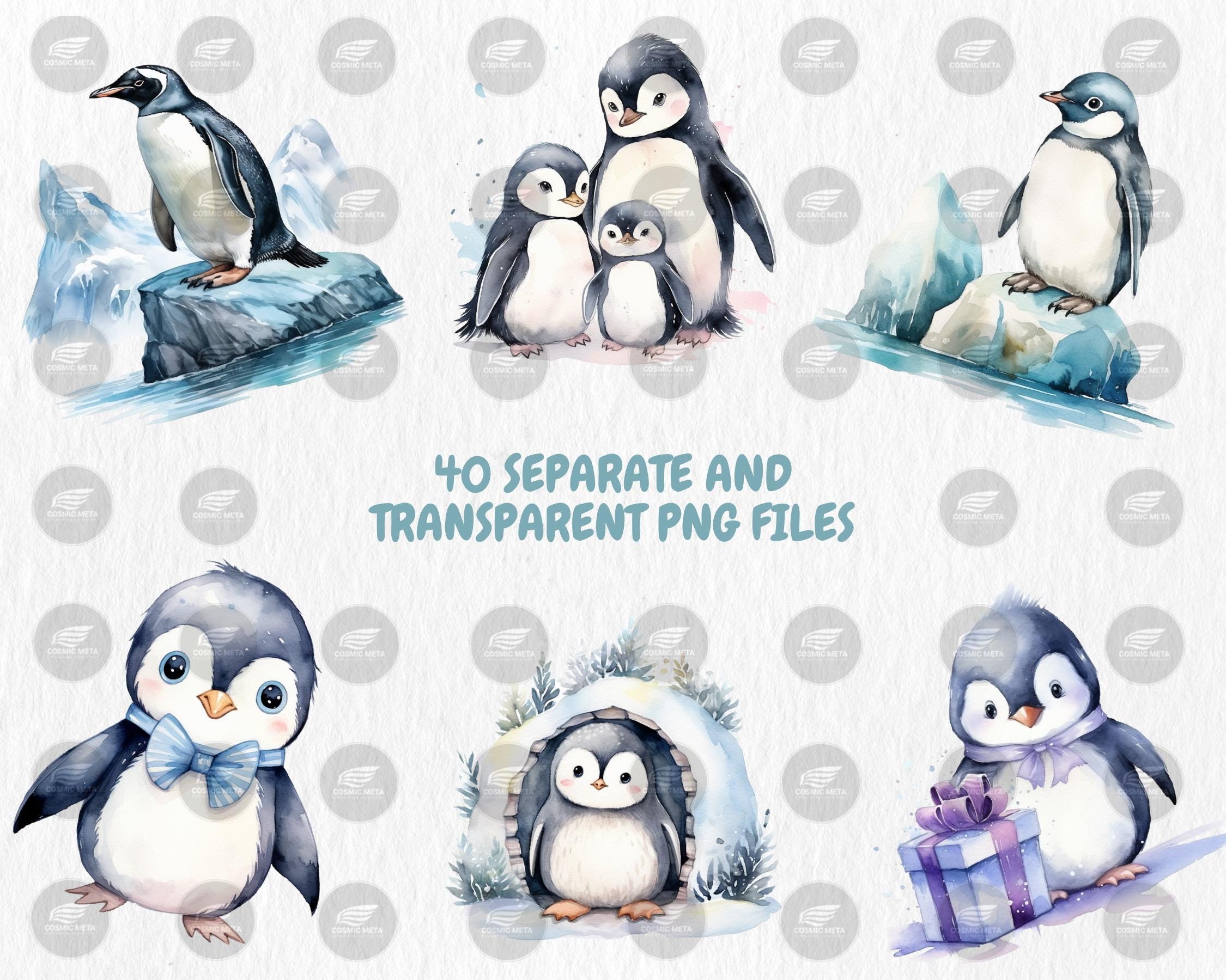 Watercolor Penguins Clipart | Winter Animals, 40 PNG Images, Transparent Background, 300 DPI, Cute Adorable Winter Penguin Illustrations