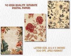 Vintage Botanical Digital Paper | Antique Floral Background, Flower Backdrops, Crafting, Printable | Download for Journals & Scrapbooking