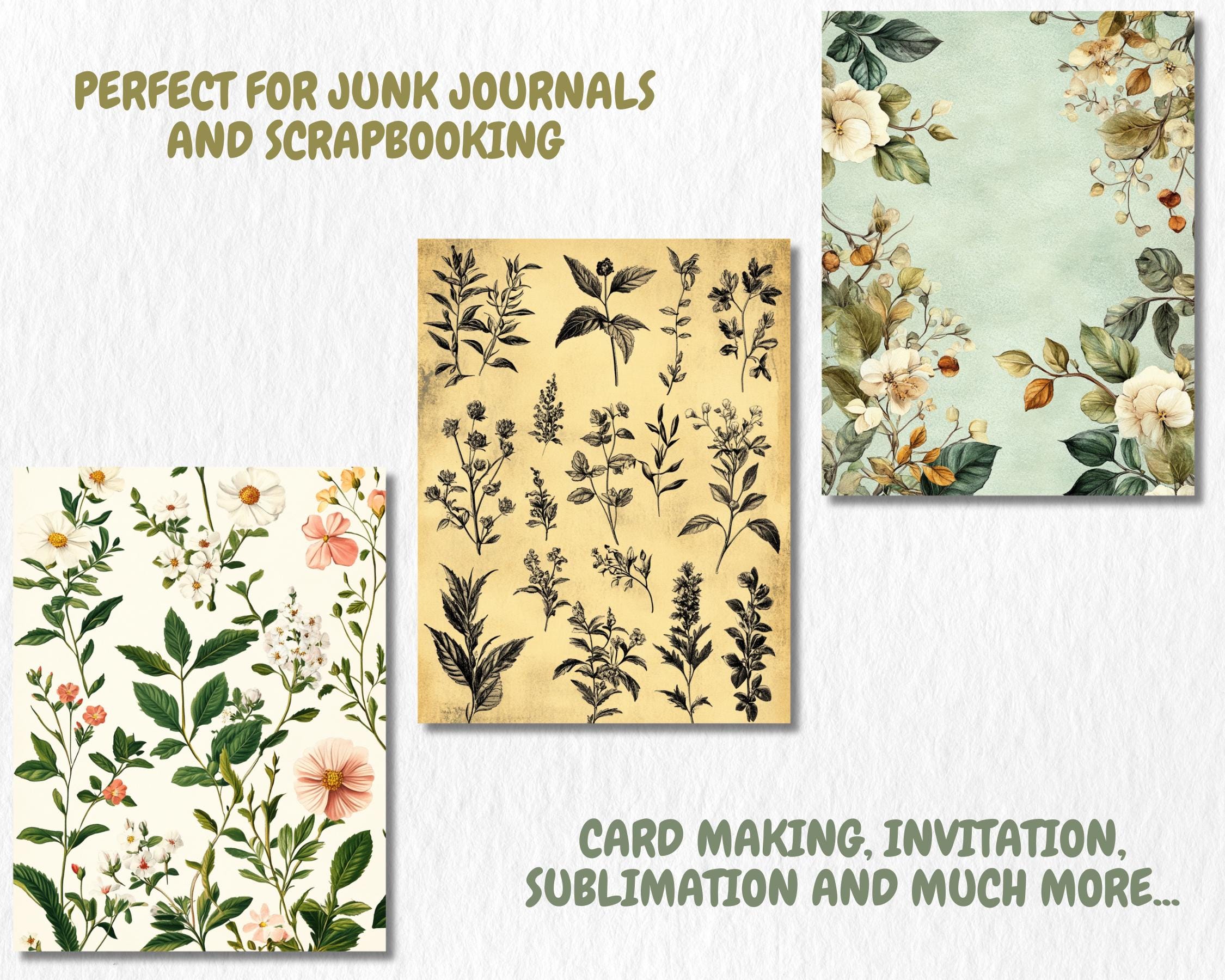 Vintage Botanical Digital Paper | Antique Floral Background, Flower Backdrops, Crafting, Printable | Download for Journals & Scrapbooking