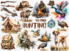 Watercolor Hunting Clipart | Outdoor Adventure, Deer and Duck Hunting, Rifle, Tent, Knife Illustrations | Instant Download, Commercial Use