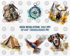 Watercolor Hunting Clipart | Outdoor Adventure, Deer and Duck Hunting, Rifle, Tent, Knife Illustrations | Instant Download, Commercial Use