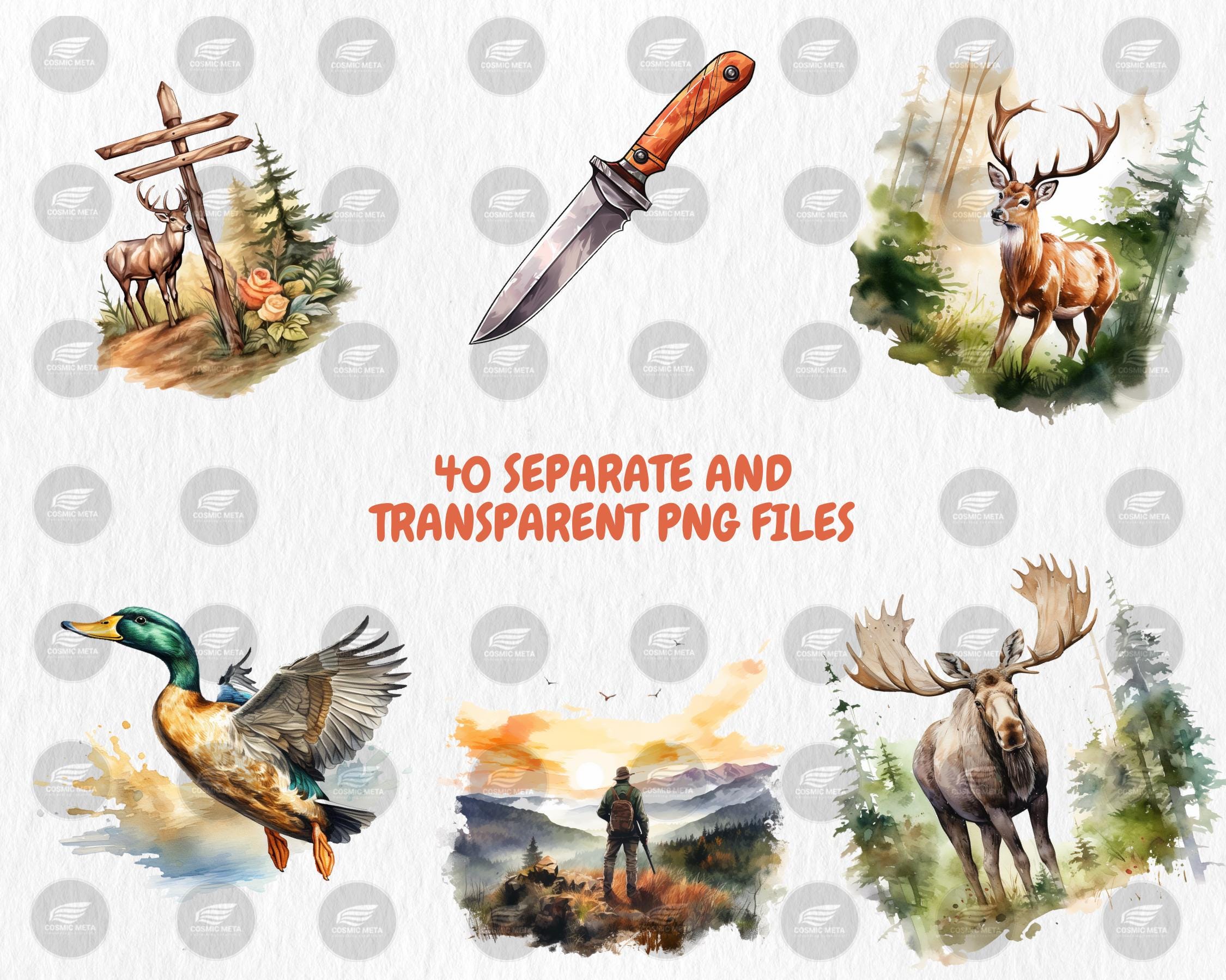 Watercolor Hunting Clipart | Outdoor Adventure, Deer and Duck Hunting, Rifle, Tent, Knife Illustrations | Instant Download, Commercial Use