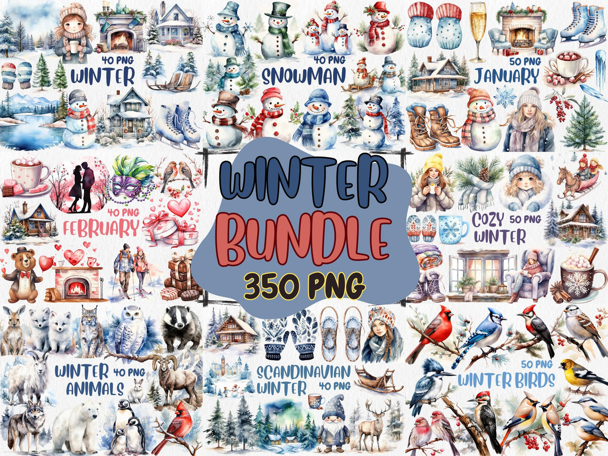 Watercolor Winter Mega Clipart Bundle #2 | January, Snowman, Winter Animals, February, Scandinavian Winter | Instant Download, Commercial Use