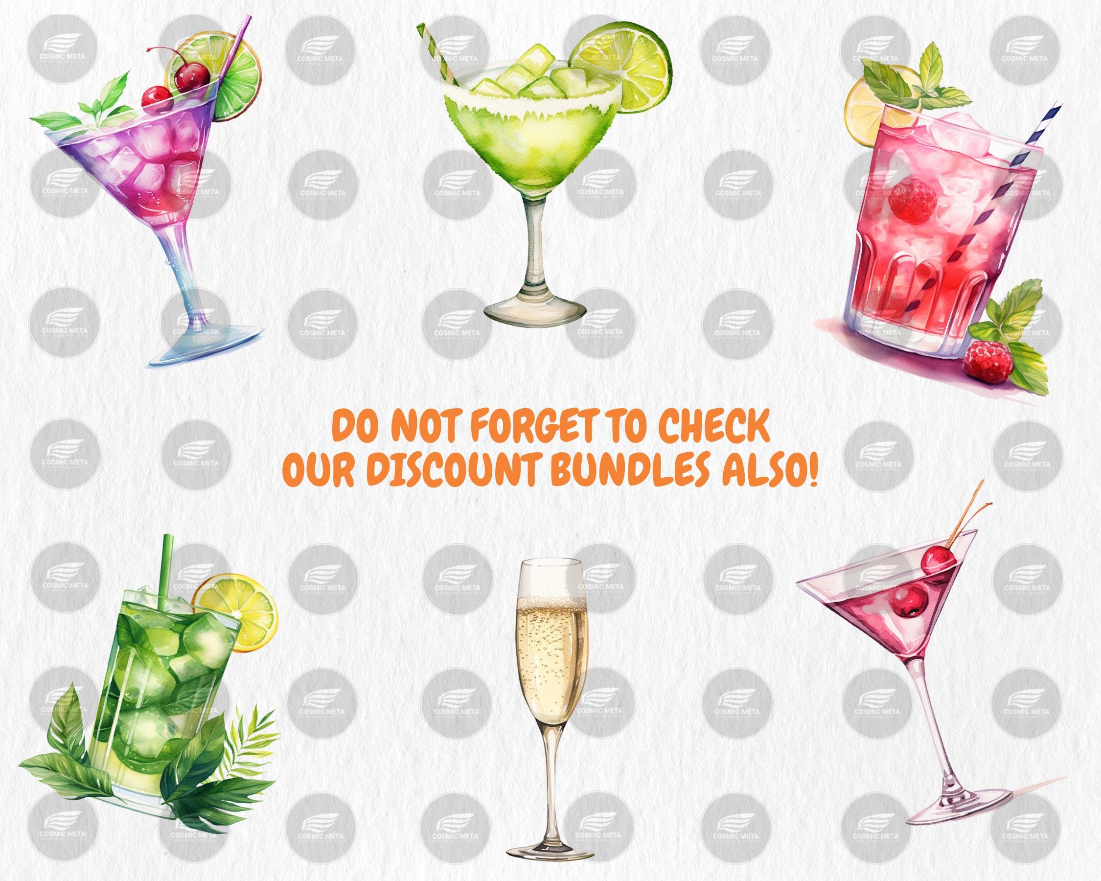 Watercolor Signature Drinks Clipart | Martini, Mojito, Margarita, Whiskey, Champagne Illustrations | Instant Download for Commercial Use