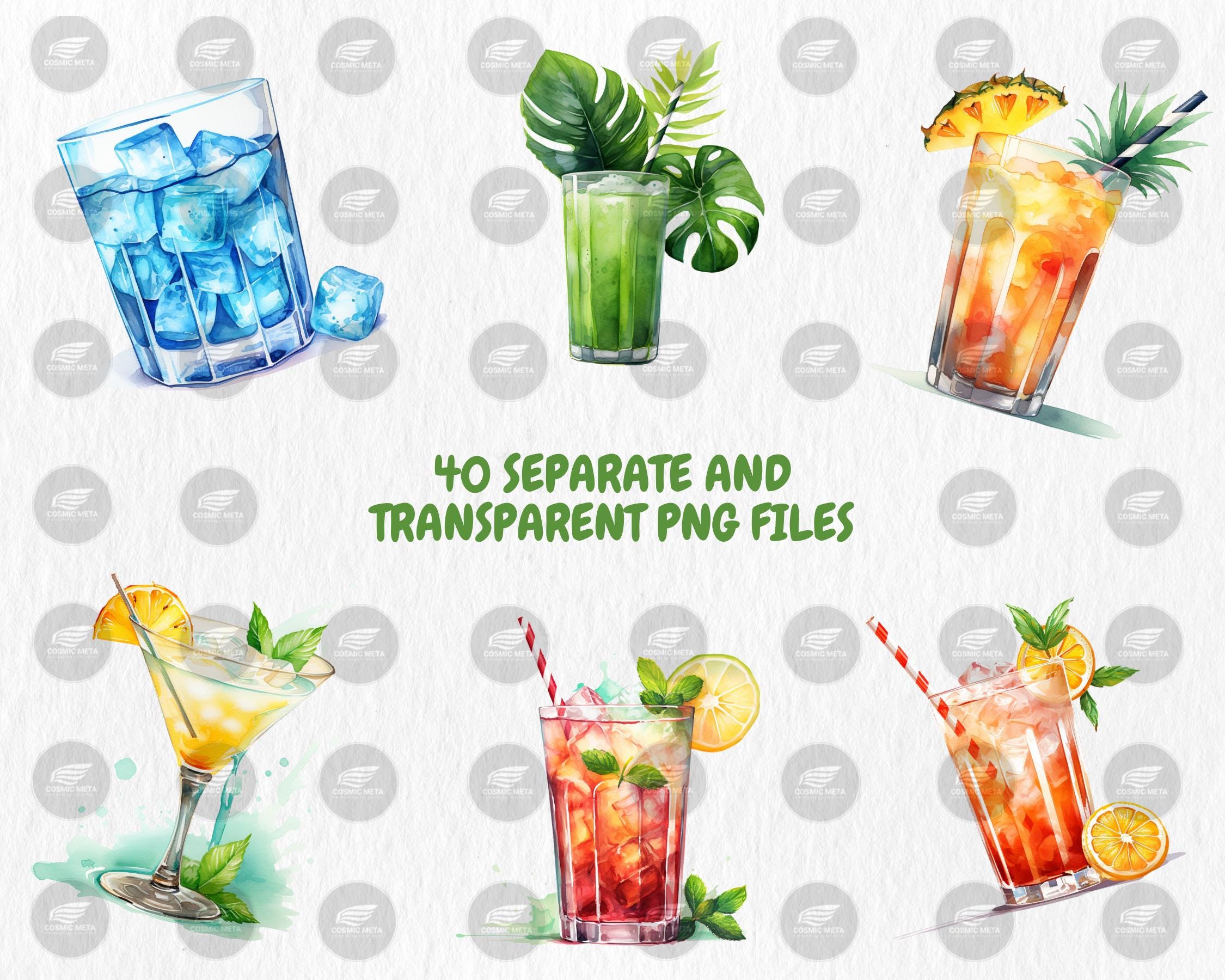 Watercolor Signature Drinks Clipart | Martini, Mojito, Margarita, Whiskey, Champagne Illustrations | Instant Download for Commercial Use