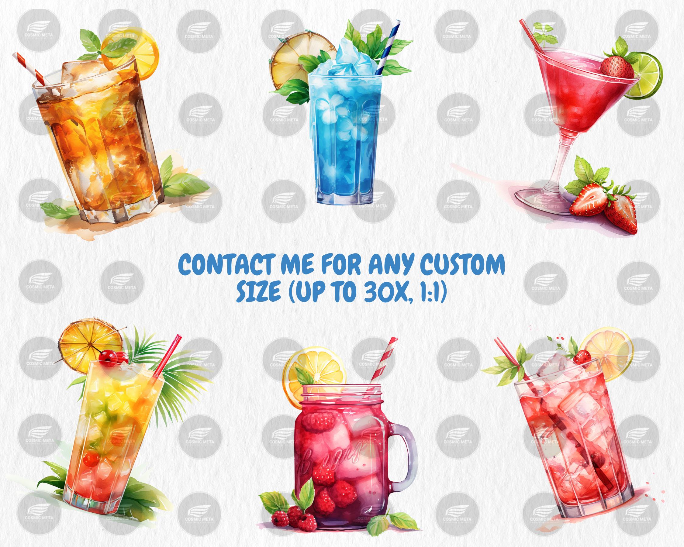 Watercolor Signature Drinks Clipart | Martini, Mojito, Margarita, Whiskey, Champagne Illustrations | Instant Download for Commercial Use