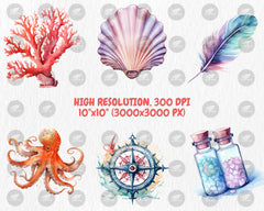 Watercolor Sea Witchery Clipart | Ocean Magical Aesthetic, Octopus, Pearl, Starfish, Fantasy Sea Elements | Instant Download, Commercial Use