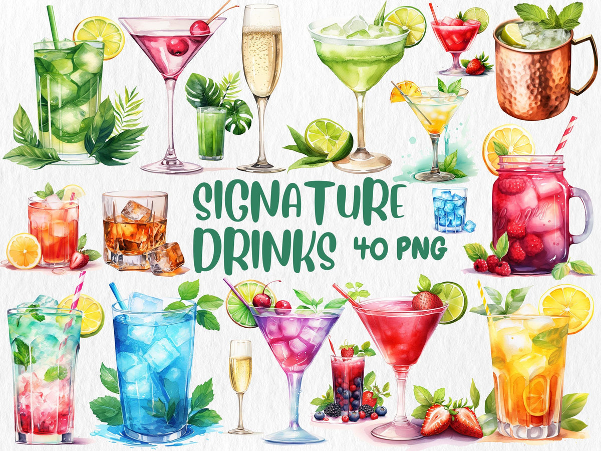 Watercolor Signature Drinks Clipart | Martini, Mojito, Margarita, Whiskey, Champagne Illustrations | Instant Download for Commercial Use