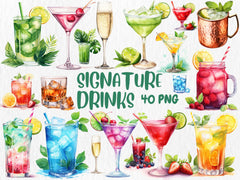 Watercolor Signature Drinks Clipart | Martini, Mojito, Margarita, Whiskey, Champagne Illustrations | Instant Download for Commercial Use