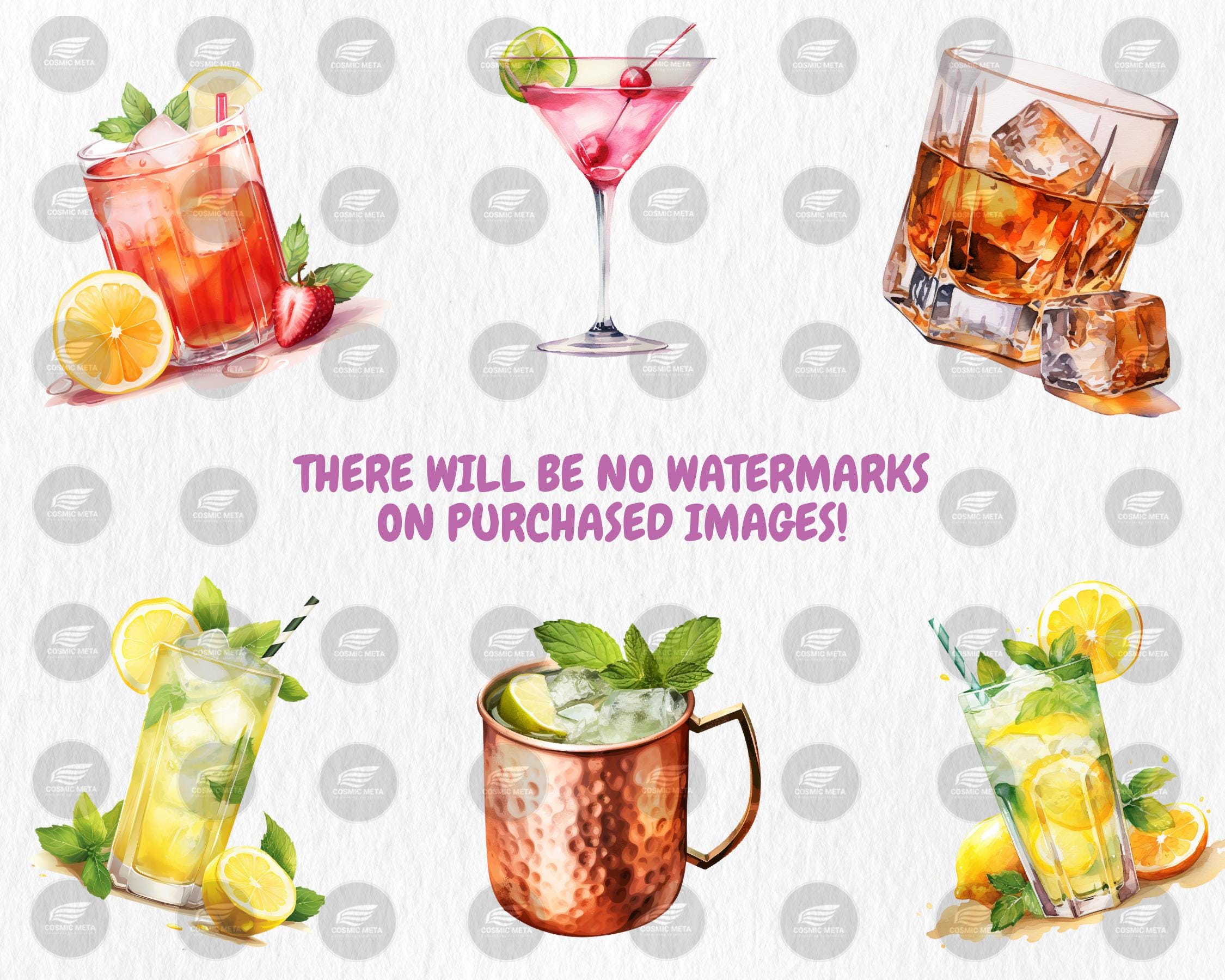 Watercolor Signature Drinks Clipart | Martini, Mojito, Margarita, Whiskey, Champagne Illustrations | Instant Download for Commercial Use