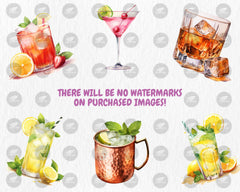 Watercolor Signature Drinks Clipart | Martini, Mojito, Margarita, Whiskey, Champagne Illustrations | Instant Download for Commercial Use