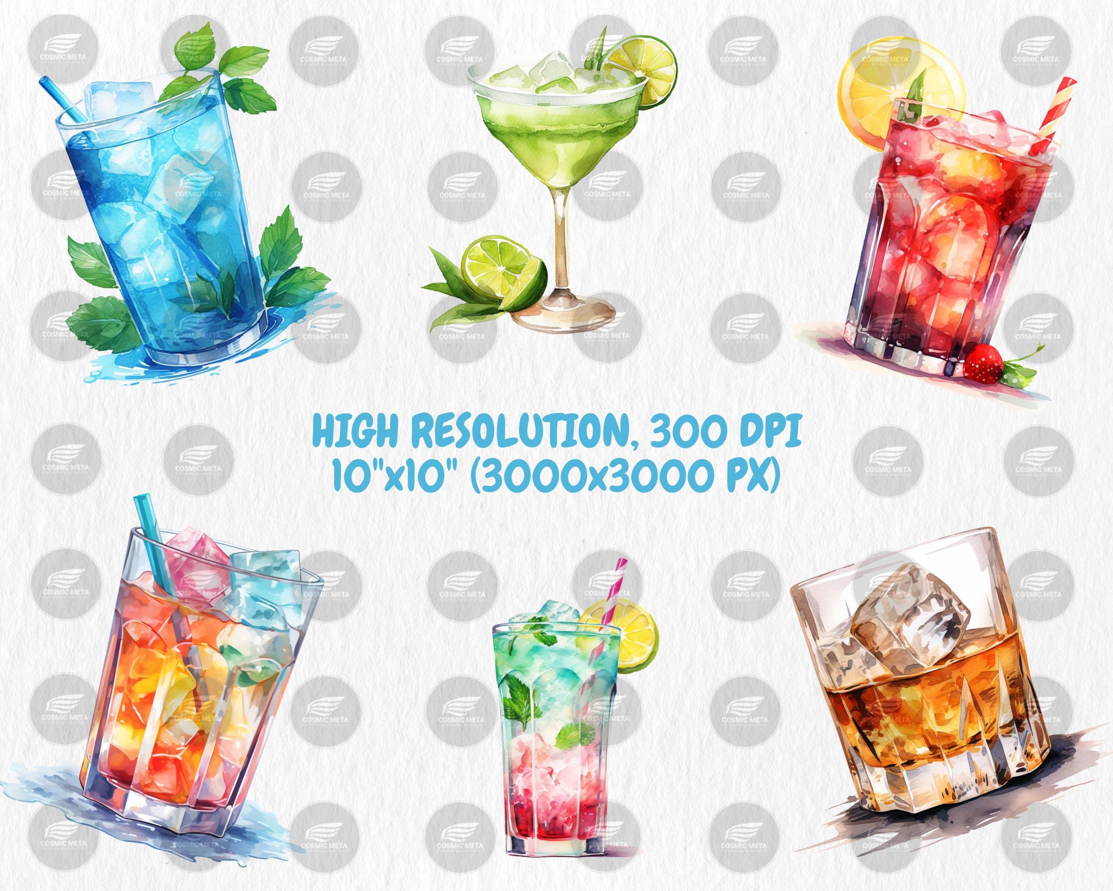 Watercolor Signature Drinks Clipart | Martini, Mojito, Margarita, Whiskey, Champagne Illustrations | Instant Download for Commercial Use