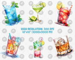 Watercolor Signature Drinks Clipart | Martini, Mojito, Margarita, Whiskey, Champagne Illustrations | Instant Download for Commercial Use