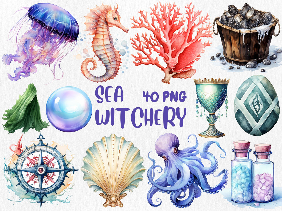 Watercolor Sea Witchery Clipart | Ocean Magical Aesthetic, Octopus, Pearl, Starfish, Fantasy Sea Elements | Instant Download, Commercial Use