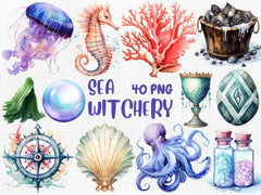 Watercolor Sea Witchery Clipart | Ocean Magical Aesthetic, Octopus, Pearl, Starfish, Fantasy Sea Elements | Instant Download, Commercial Use
