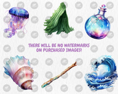 Watercolor Sea Witchery Clipart | Ocean Magical Aesthetic, Octopus, Pearl, Starfish, Fantasy Sea Elements | Instant Download, Commercial Use