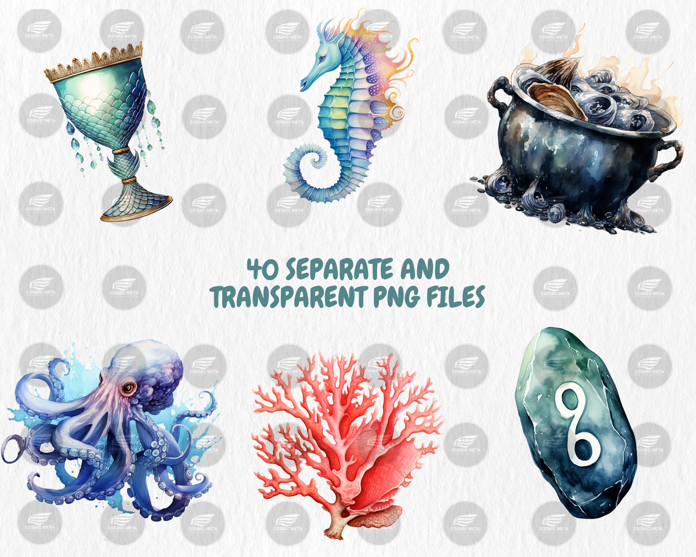 Watercolor Sea Witchery Clipart | Ocean Magical Aesthetic, Octopus, Pearl, Starfish, Fantasy Sea Elements | Instant Download, Commercial Use